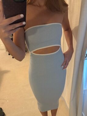 Strapless Light Blue Ribbed Cutout Midi Dress